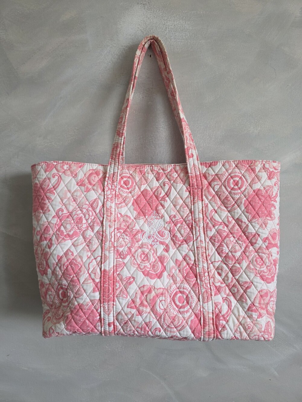 Ralph Lauren Pink White Quilted Embroidered Shoulder Tote Bag 20x13x7